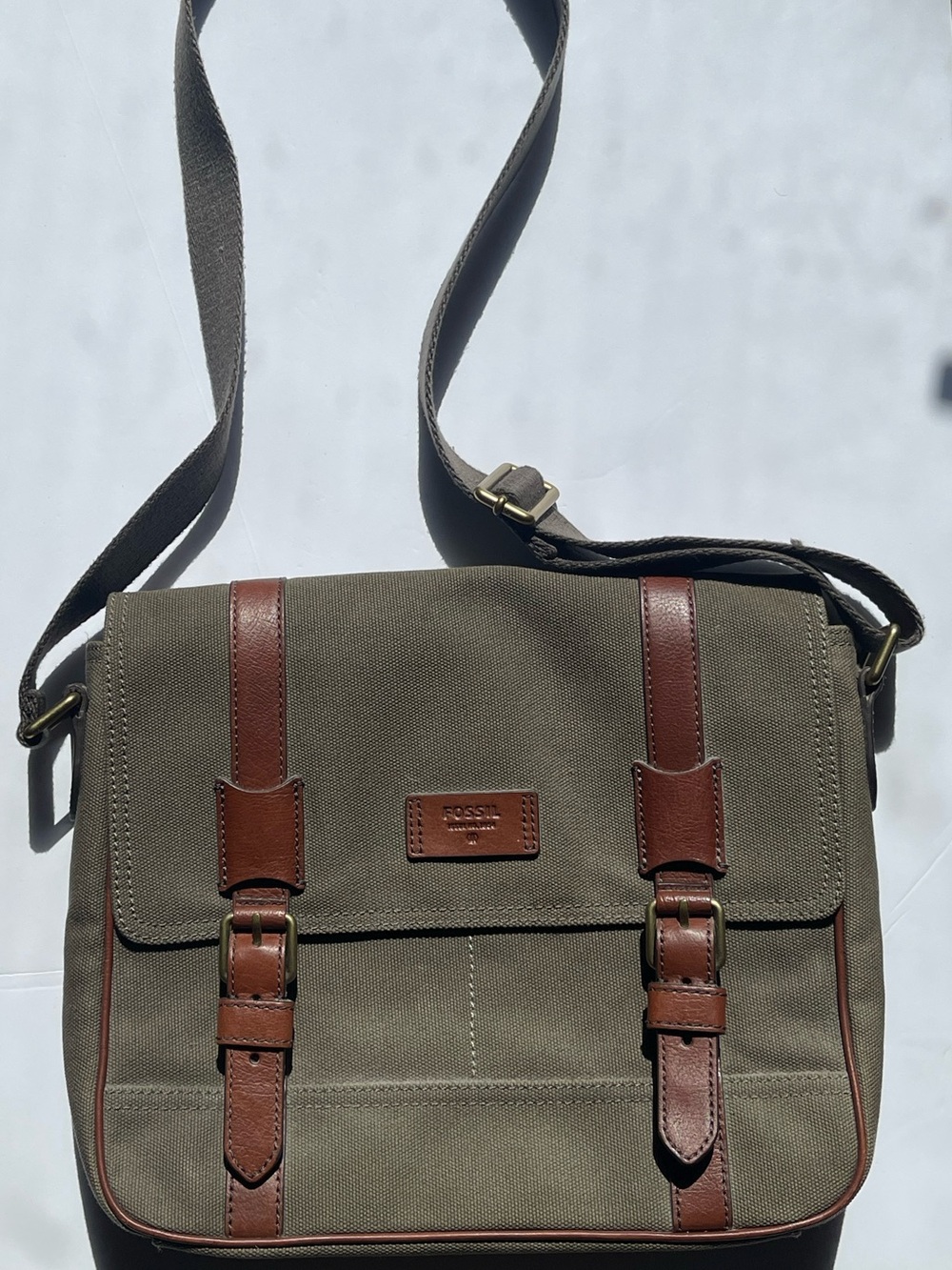 Fossil Olive Canvas Crossbody Messenger Bag with Brown Leather Trim Academia
